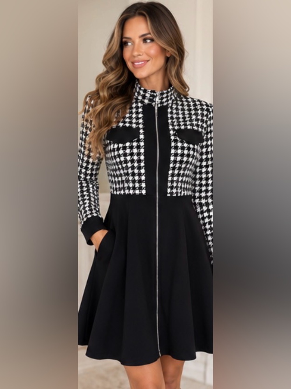 Black White Houndstooth Zip Front Skater Dress Size Large A-Line Mod